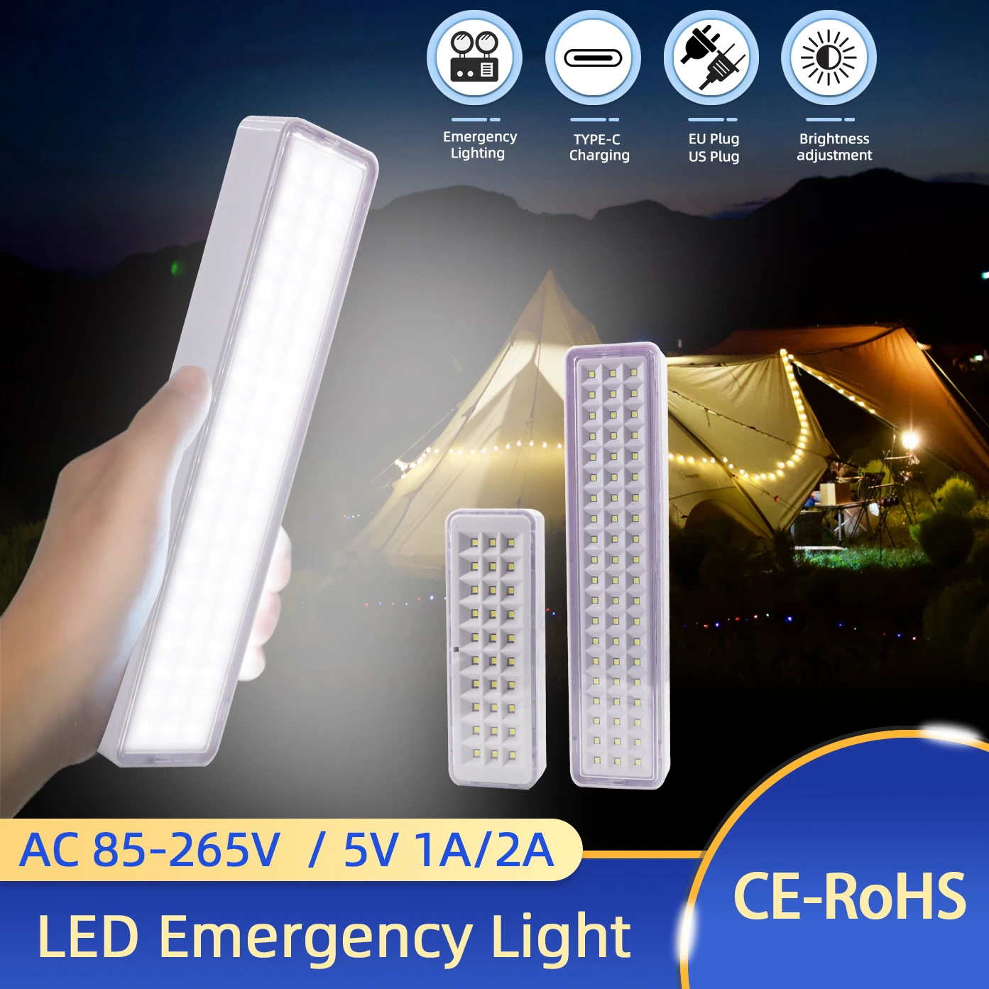 LED emergency light, European and American regulations, Type-C USB port rechargeable multifunctional camping light
LED emergency light, European and American regulations, Type-C USB port rechargeable multifunctional camping light