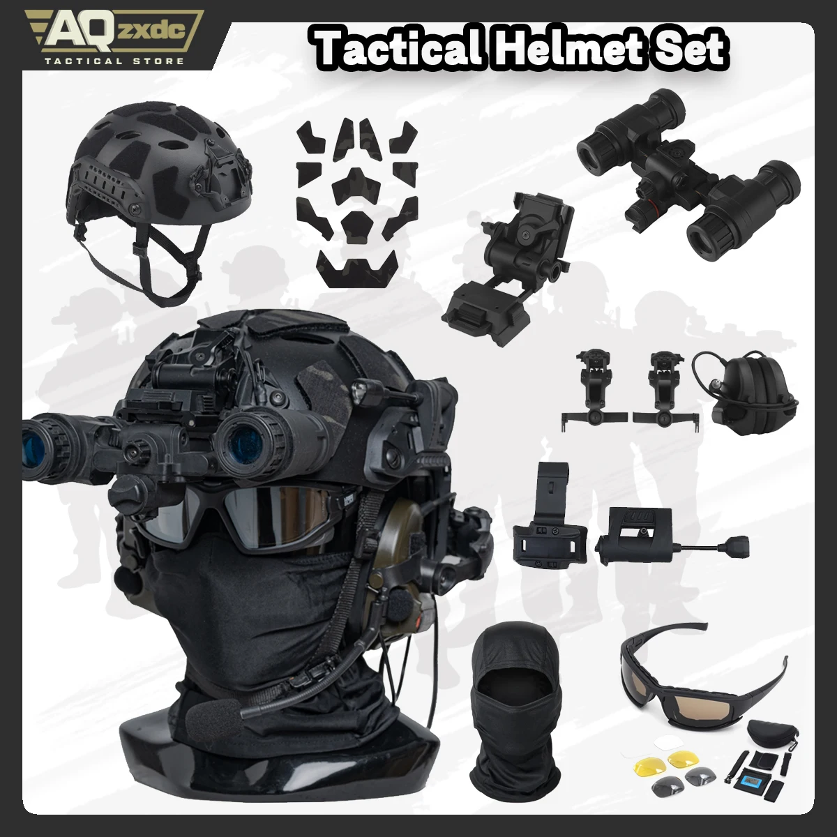 Military Assault Helmet Set, with C5 Tactical Earphone & Helmet Velcro & Binocular Night Vision Goggle & G24 Bracket for Airsoft
Military Assault Helmet Set, with C5 Tactical Earphone & Helmet Velcro & Binocular Night Vision Goggle & G24 Bracket for Airsoft