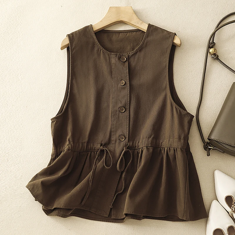 Vintage O-neck Button Ruffle-Hem Sleeveless Jacket Coat Women's Beige Khaki Coffee Black Cotton Vest Spring Autumn Peplum Top
Vintage O-neck Button Ruffle-Hem Sleeveless Jacket Coat Women's Beige Khaki Coffee Black Cotton Vest Spring Autumn Peplum Top