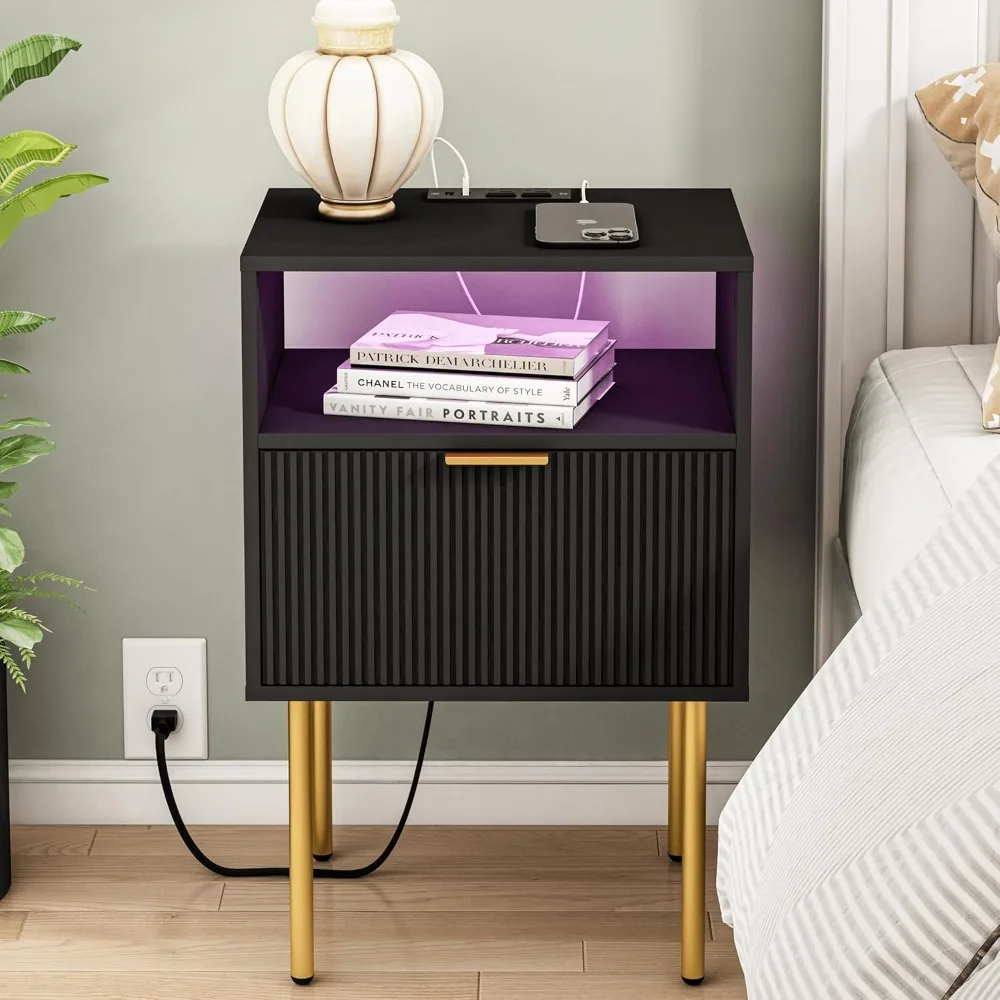 Modern Nightstand with Charging Station and LED Lights, Black Nightstand with Drawer, Fluted Nightstand for Living Room, Bedroom
Modern Nightstand with Charging Station and LED Lights, Black Nightstand with Drawer, Fluted Nightstand for Living Room, Bedroom