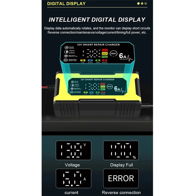 ABKI-12V 6A Smart Repair Charger Pulse Repair LED Display Smart Fast Charge Lead-Acid Charger For Car Auto Motorcycle
ABKI-12V 6A Smart Repair Charger Pulse Repair LED Display Smart Fast Charge Lead-Acid Charger For Car Auto Motorcycle