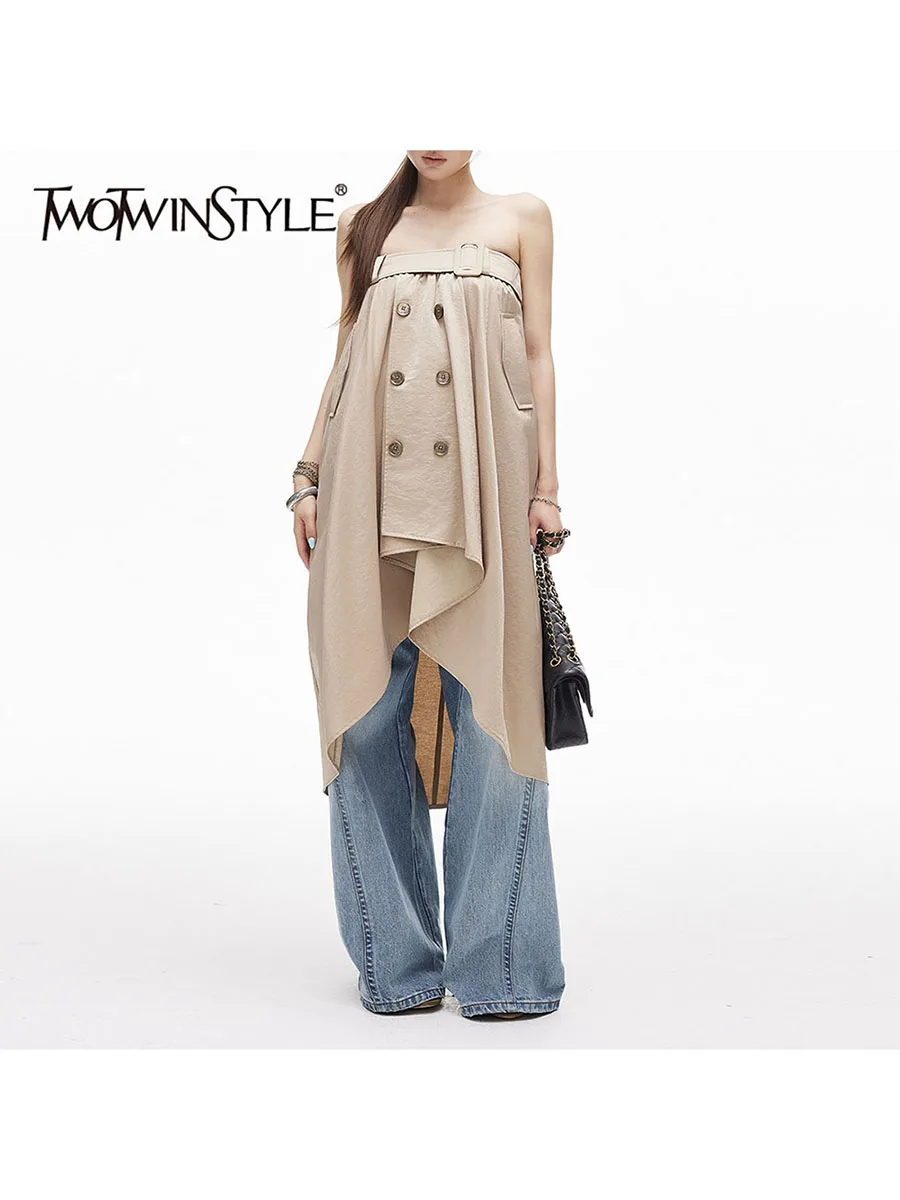 TWOTWINSTYLE Patchwork Button Dresses for Women Strapless Sleeveless High Waist Loose Irregular Solid Dress Female Fashion 2026
TWOTWINSTYLE Patchwork Button Dresses for Women Strapless Sleeveless High Waist Loose Irregular Solid Dress Female Fashion 2026