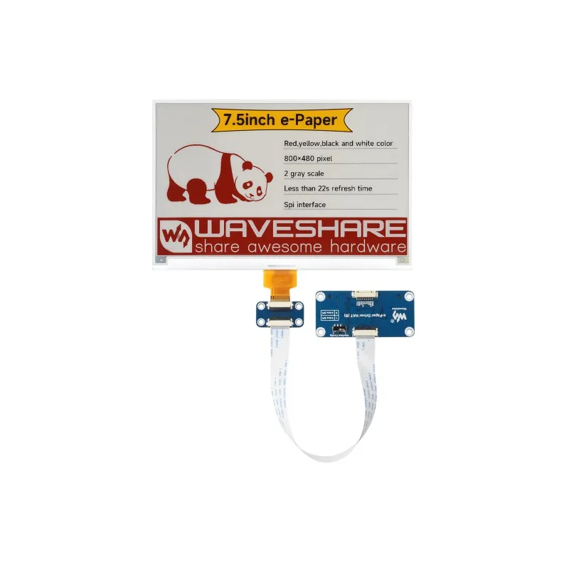 Waveshare 7.5inch e-Paper display (H), E-ink display, 800x480, Red/Yellow/Black/White, SPI Interface
Waveshare 7.5inch e-Paper display (H), E-ink display, 800x480, Red/Yellow/Black/White, SPI Interface