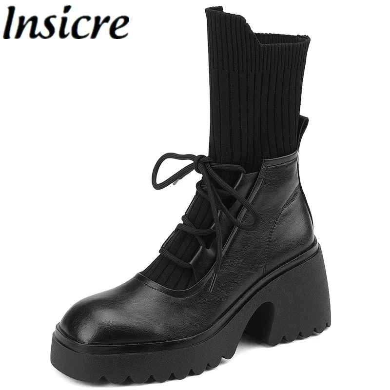 Insicre Cow Split Leather Platform Stretch Knitted Wool Round Toe Lace Up Thick High Heel Women Mid Calf Boots Winter Shoes
Insicre Cow Split Leather Platform Stretch Knitted Wool Round Toe Lace Up Thick High Heel Women Mid Calf Boots Winter Shoes