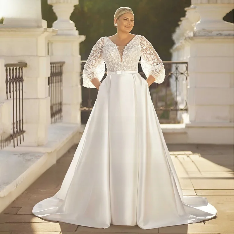 2024 Plus size Wedding Dresses Classic Satin Bridal Puff Sleeves V Neck Beading Sequined A Line Bride Gown with Pockets MCDV
2024 Plus size Wedding Dresses Classic Satin Bridal Puff Sleeves V Neck Beading Sequined A Line Bride Gown with Pockets MCDV
