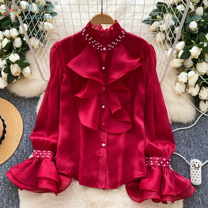 Autumn New Gentle Ruffles Beading Shirts Blouses for Women Lantern Sleeve Elegant Wedding Dinner Party Clothes Chic Loose Tops
Autumn New Gentle Ruffles Beading Shirts Blouses for Women Lantern Sleeve Elegant Wedding Dinner Party Clothes Chic Loose Tops