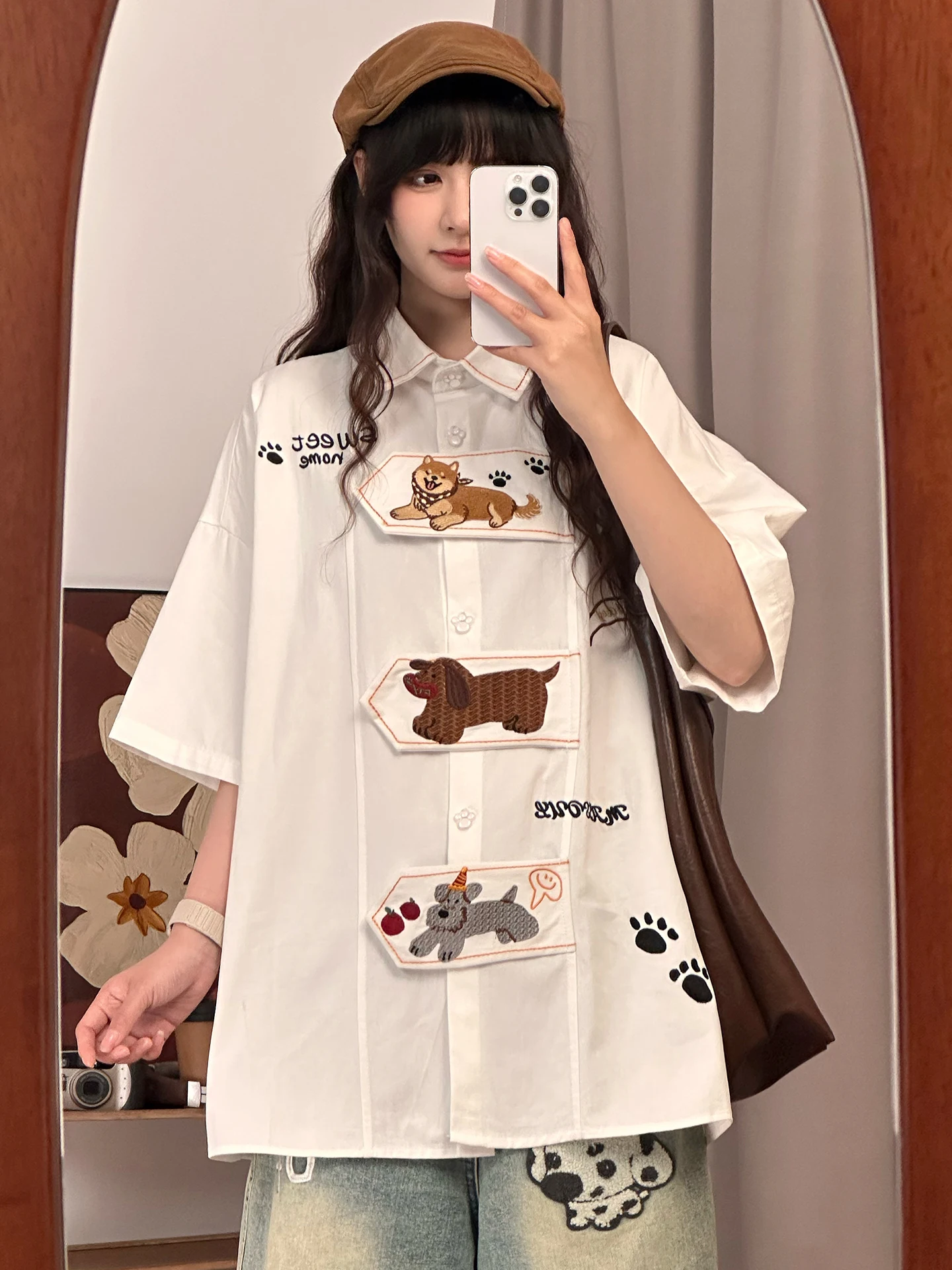 Retro Japanese Style Doggies Embroidery Loose Fit Short Sleeve Women's Shirt Breathable Cotton Summer Versatile Casual Top
Retro Japanese Style Doggies Embroidery Loose Fit Short Sleeve Women's Shirt Breathable Cotton Summer Versatile Casual Top