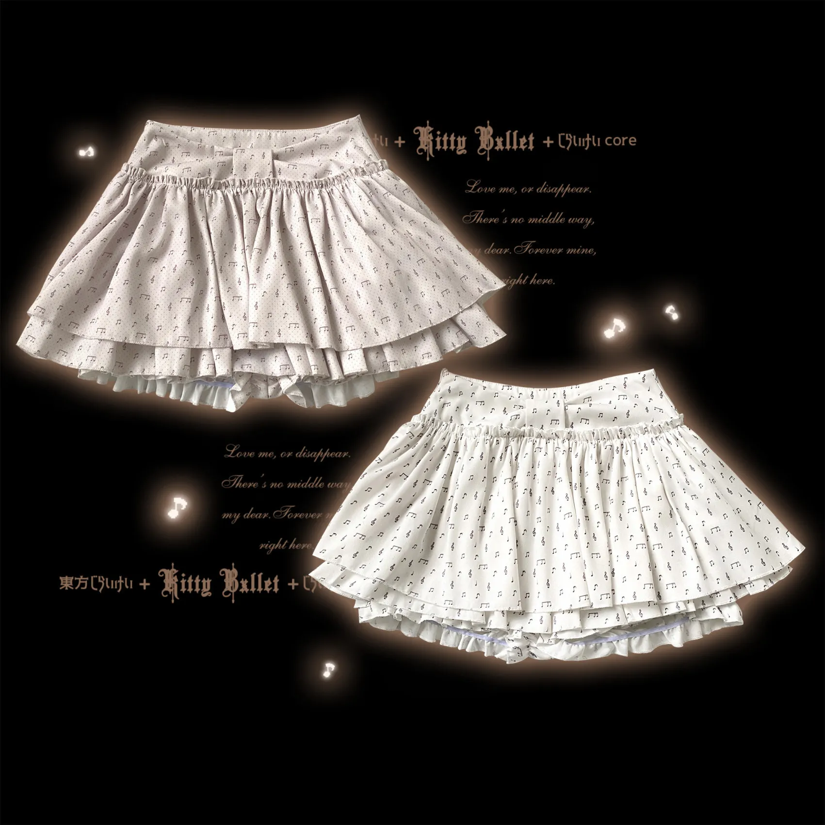 Sweet Note Print Tiered Mini Skirt Japanese Harajuku Lolita Ruffle Skirt with Bow Lotus Leaf Edge Sweet Cute Cake Culottes
Sweet Note Print Tiered Mini Skirt Japanese Harajuku Lolita Ruffle Skirt with Bow Lotus Leaf Edge Sweet Cute Cake Culottes