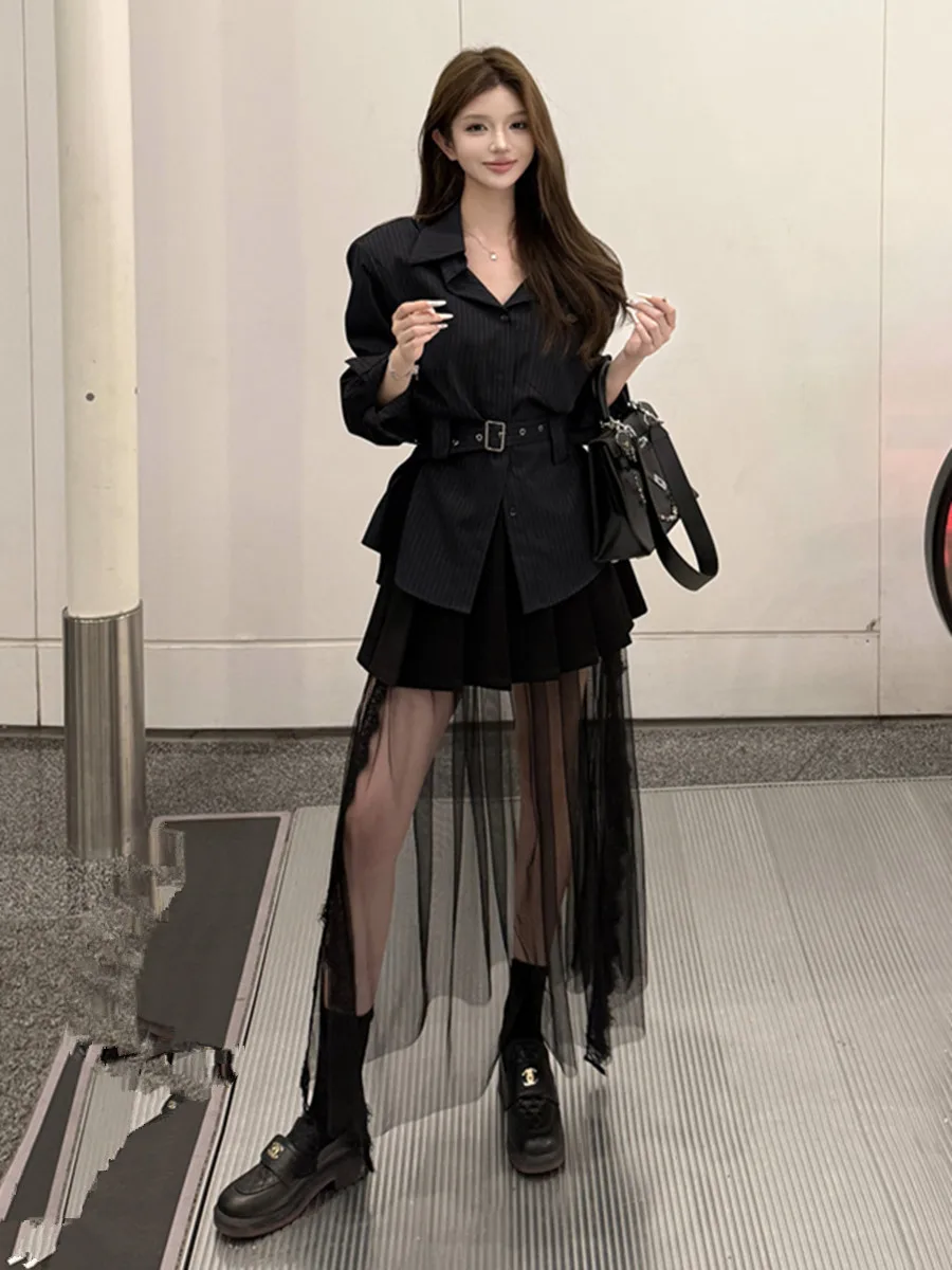Elegant Striped Lapel Long-Sleeve Waist-Defining Shirt Two Piece for Women Autumn Fashion Mesh-Panel Skirt Suits Female Outfits
Elegant Striped Lapel Long-Sleeve Waist-Defining Shirt Two Piece for Women Autumn Fashion Mesh-Panel Skirt Suits Female Outfits
