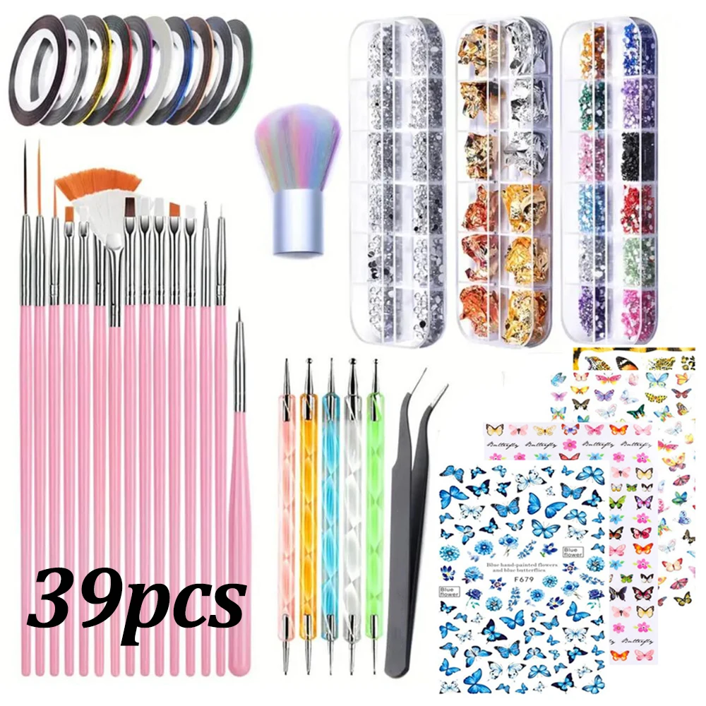 39pcs Nail Art Tools Kit with Brushes, Dotting Pen, Rhinestones, Sticker for Painting Drawing DIY Professional Manicure Supplies
39pcs Nail Art Tools Kit with Brushes, Dotting Pen, Rhinestones, Sticker for Painting Drawing DIY Professional Manicure Supplies