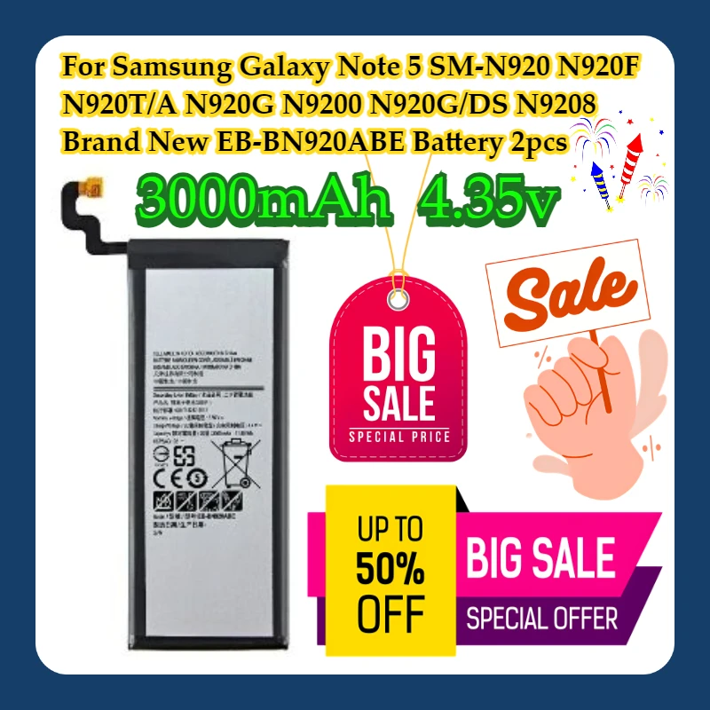 For Samsung Galaxy Note 5 SM-N920 N920F N920T/A N920G N9200 N920G/DS N9208 Brand New EB-BN920ABE 3000mAh Battery 2pcs
For Samsung Galaxy Note 5 SM-N920 N920F N920T/A N920G N9200 N920G/DS N9208 Brand New EB-BN920ABE 3000mAh Battery 2pcs