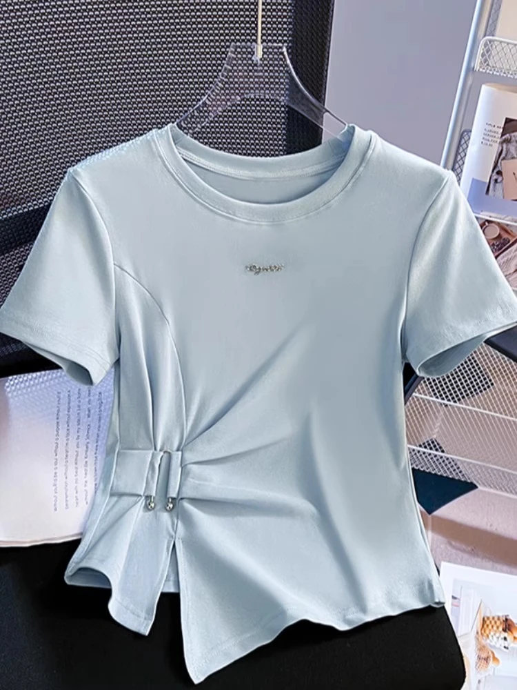 Модные универсальные футболки с круглым вырезом и коротким рукавом, однотонные укороченные топы нестандартной формы, летние повседневные свободные дизайнерские женские костюмы
Модные универсальные футболки с круглым вырезом и коротким рукавом, однотонные укороченные топы нестандартной формы, летние повседневные свободные дизайнерские женские костюмы