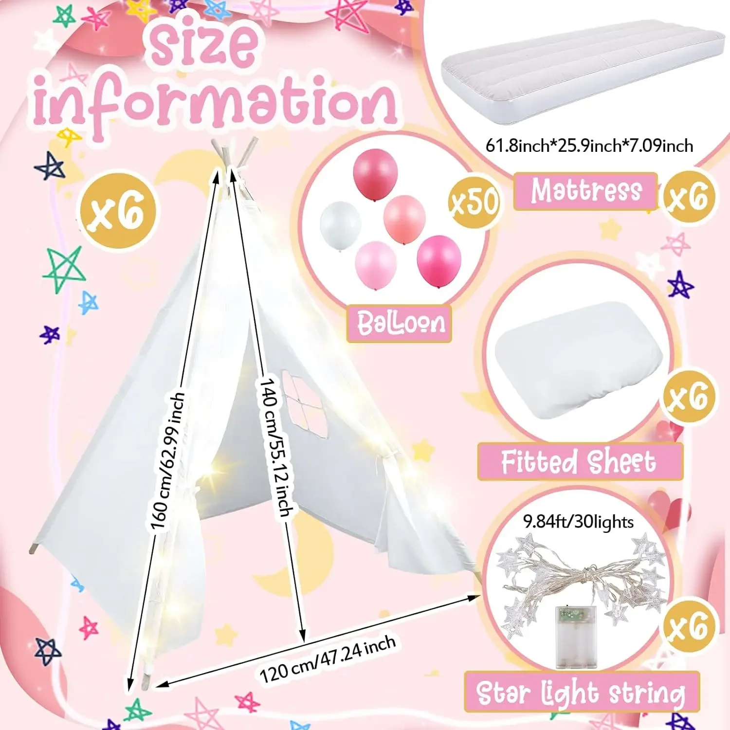 6 Pack Teepee Tent for Kids Bulk with Inflatable Airbed,String Light and Fitted Sheet, Natural Cotton,FREE SHIPPING
6 Pack Teepee Tent for Kids Bulk with Inflatable Airbed,String Light and Fitted Sheet, Natural Cotton,FREE SHIPPING