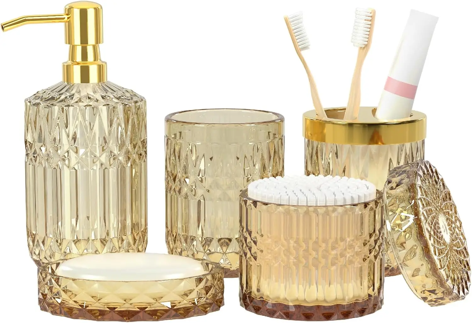 Vintage Amber Glass Bathroom Set - 5PCS Accessories with Toothbrush Holder, Soap Dispenser, Dish, Tumbler, Cotton Swab Jars
Vintage Amber Glass Bathroom Set - 5PCS Accessories with Toothbrush Holder, Soap Dispenser, Dish, Tumbler, Cotton Swab Jars