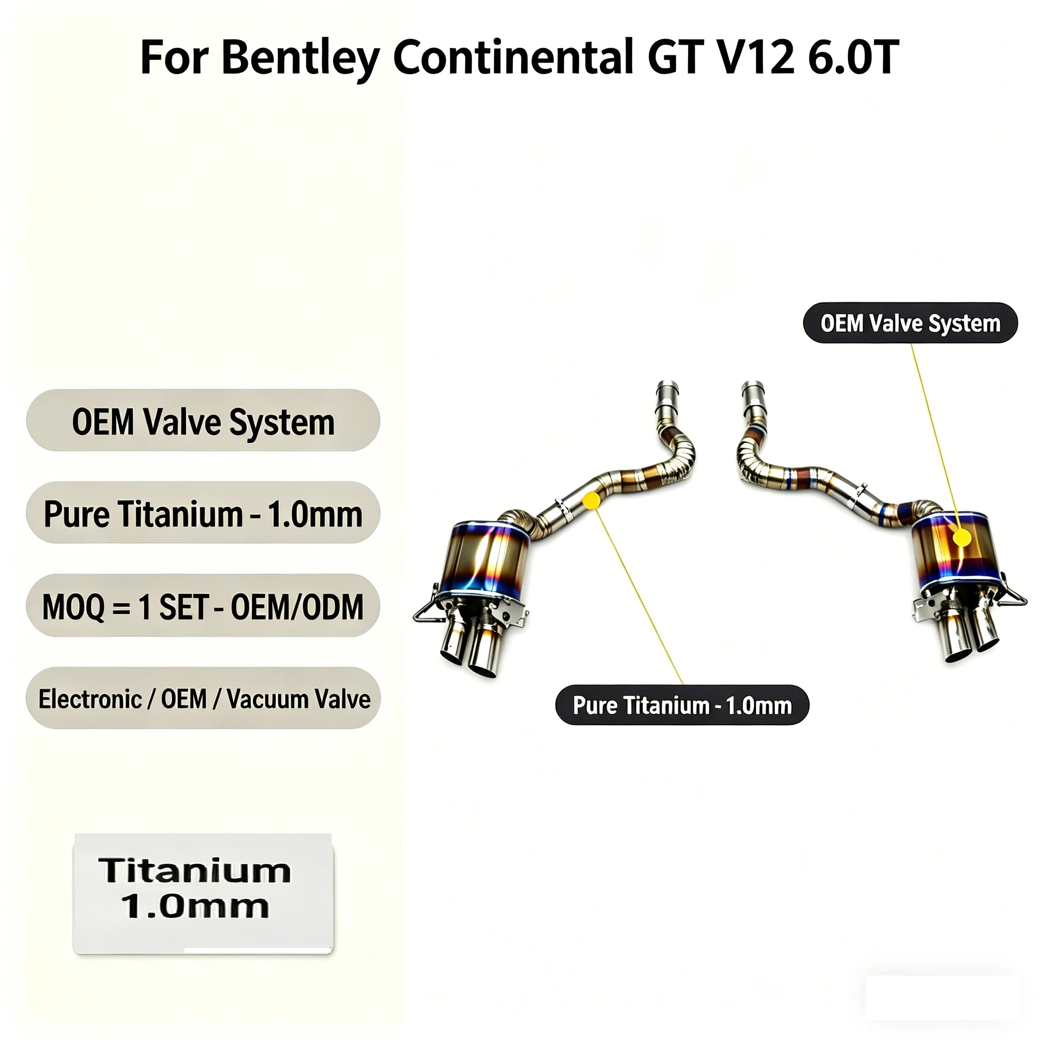 YD Exhaust System For Bentley Continental GT V12 6.0T 2018-2024 Titanium Pipes OEM Valve Muffler Catback Exhaust With Control
YD Exhaust System For Bentley Continental GT V12 6.0T 2018-2024 Titanium Pipes OEM Valve Muffler Catback Exhaust With Control