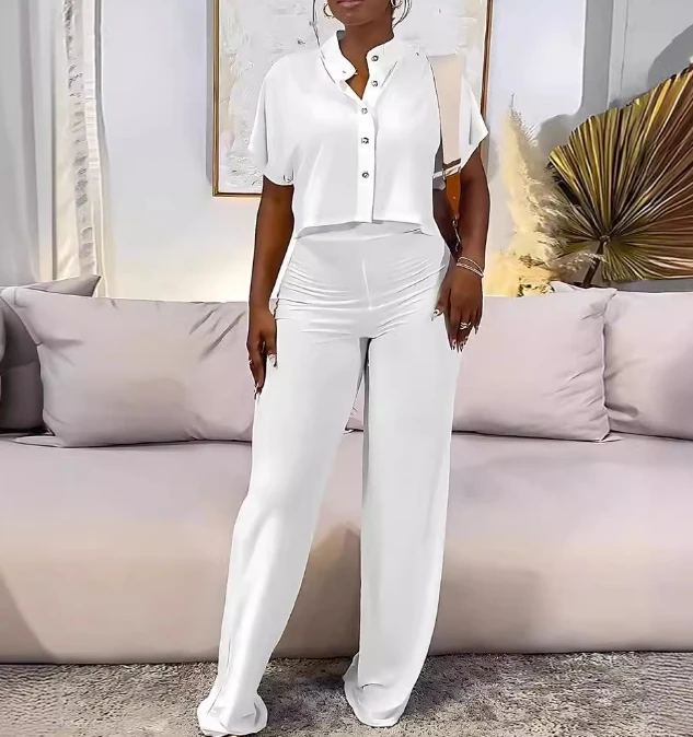 Women's Casual Commuting Two-piece Summer Solid Color Button Up Short Sleeve Crop Shirt Top and High Waist Skinny Pants Set
Women's Casual Commuting Two-piece Summer Solid Color Button Up Short Sleeve Crop Shirt Top and High Waist Skinny Pants Set