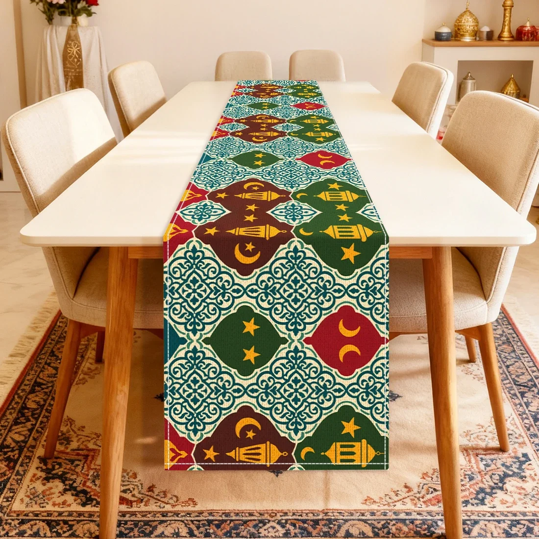 Ramadan Colorful Star Moon Lantern Pattern Digital Printed Linen Look 100% Polyester Table Runner For Dining Table & Home Decor
Ramadan Colorful Star Moon Lantern Pattern Digital Printed Linen Look 100% Polyester Table Runner For Dining Table & Home Decor