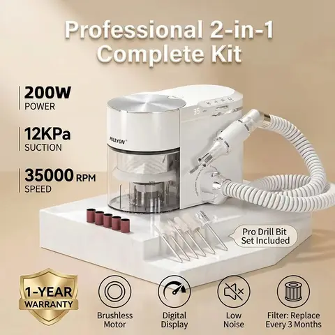 Professional 2 in 1 Nail Drill and Dust Collector 200W Brushless 35000RPM 12KPa Vacuum E-file for Professional Salon Use