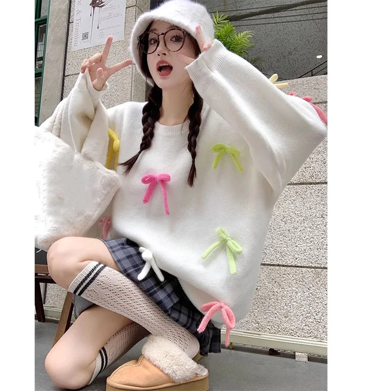Sweet Bow Sweater 2023 New Autumn/Winter Women's Colorful Bow Tie Round Neck Pullover Fashion Sweet Cool Girl Lazy Style Top
Sweet Bow Sweater 2023 New Autumn/Winter Women's Colorful Bow Tie Round Neck Pullover Fashion Sweet Cool Girl Lazy Style Top