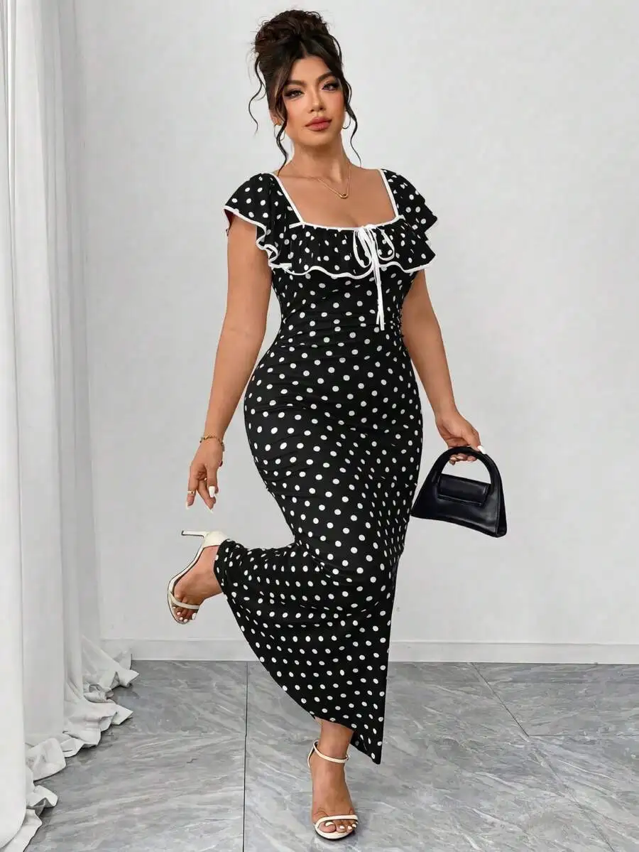 Elegant Polka Dot Bodycon Dress With Ruffle Sleeves And Flounce Hem
Elegant Polka Dot Bodycon Dress With Ruffle Sleeves And Flounce Hem