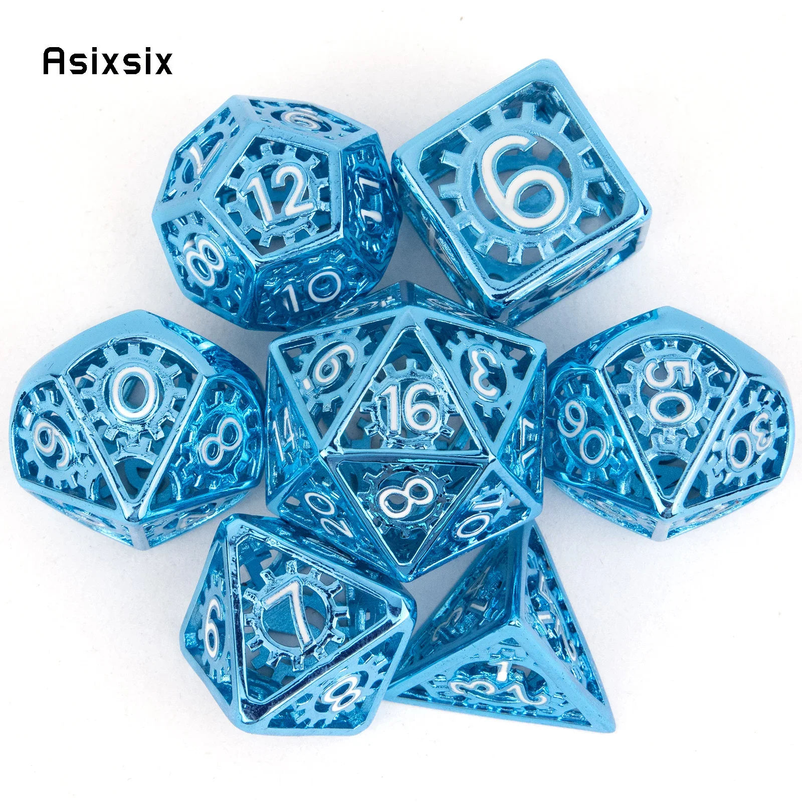 7 Pcs Blue White Gear Wheel Metal Dice Hollow Metal Polyhedral Dice Set Suitable for Role-Playing RPG Board Game Card Game
7 Pcs Blue White Gear Wheel Metal Dice Hollow Metal Polyhedral Dice Set Suitable for Role-Playing RPG Board Game Card Game