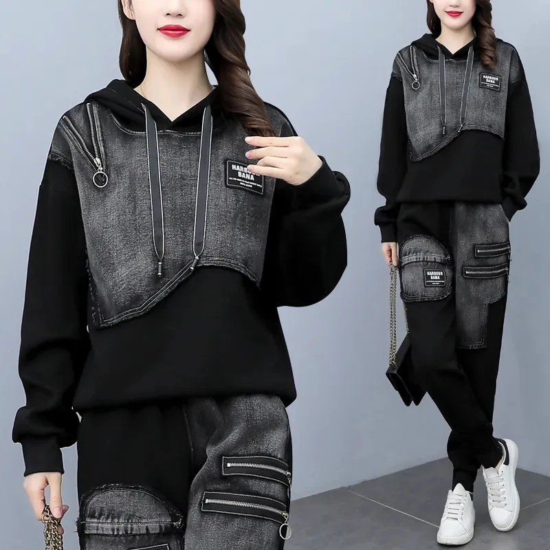 Oversized 4xl Fashion Patchwork Hooded Denim Suit Women's 2023 Spring Loose Denim Two-piece sets+Trousers Female Casual Clothing
Oversized 4xl Fashion Patchwork Hooded Denim Suit Women's 2023 Spring Loose Denim Two-piece sets+Trousers Female Casual Clothing