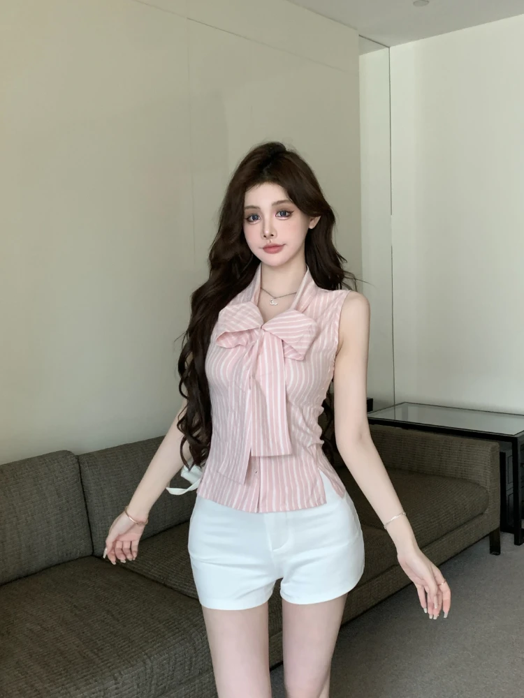 Милая женская рубашка без рукавов в полоску с бантом, лето 2022, милая женская рубашка в горошек, облегающий дизайн, укороченный топ, универсальная блузка Y2k
Милая женская рубашка без рукавов в полоску с бантом, лето 2022, милая женская рубашка в горошек, облегающий дизайн, укороченный топ, универсальная блузка Y2k