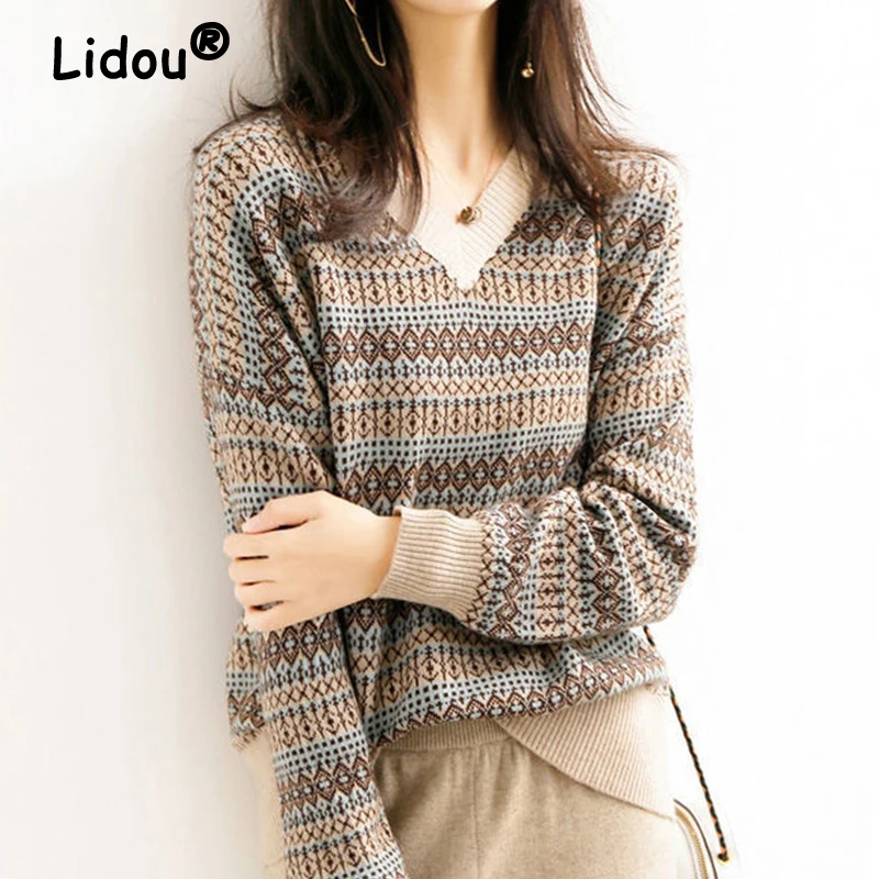 Elegant Stripe Printed V Neck Sweater Women Casual Long Sleeve Patchwork Knitted Jumper Autumn Female Loose Pullover Sweaters
Elegant Stripe Printed V Neck Sweater Women Casual Long Sleeve Patchwork Knitted Jumper Autumn Female Loose Pullover Sweaters