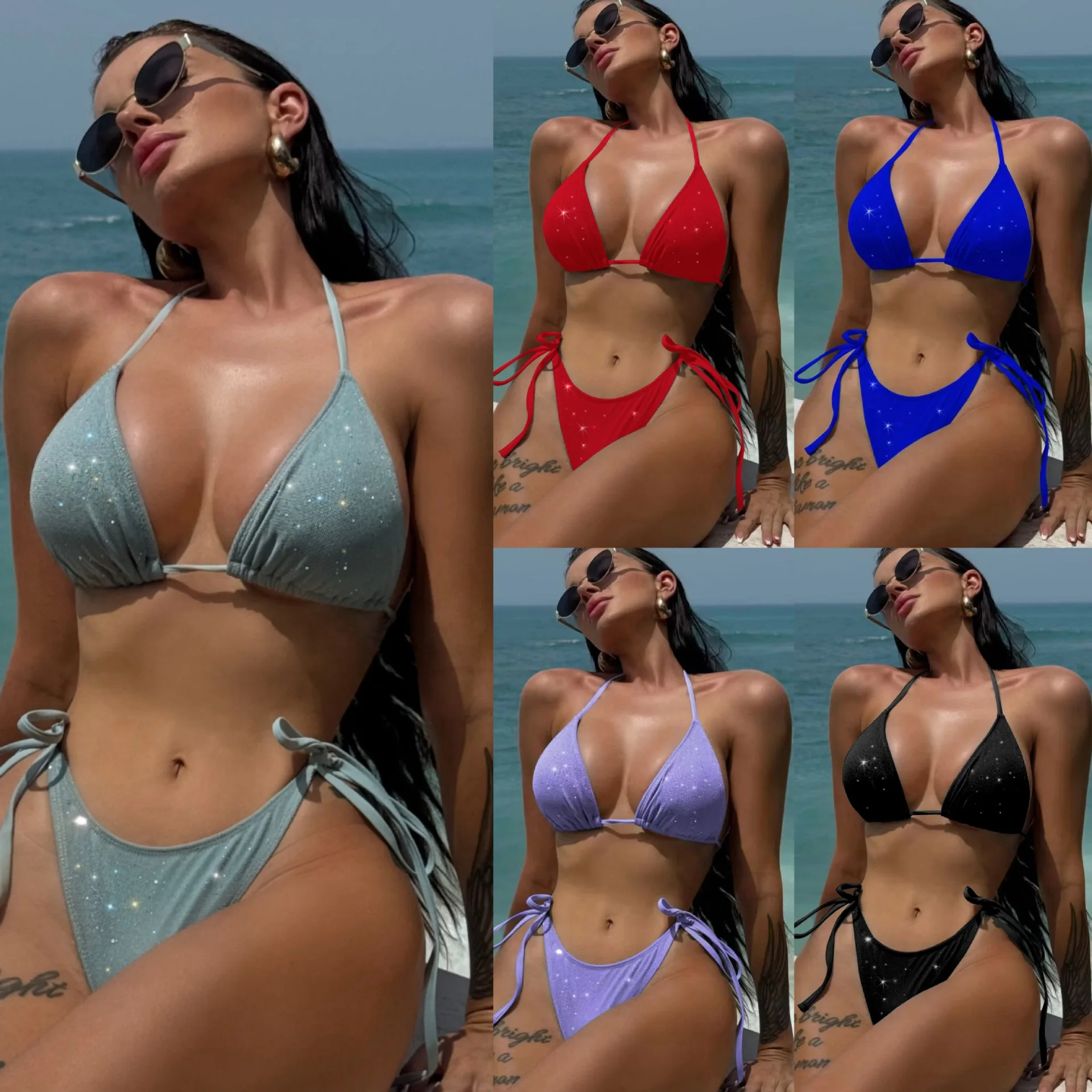 2025 New European and American Style Swimwear Triangle Top with Tie-Side Straps Sequined Fabric Sexy Bikini Swimsuit Swimwears
2025 New European and American Style Swimwear Triangle Top with Tie-Side Straps Sequined Fabric Sexy Bikini Swimsuit Swimwears