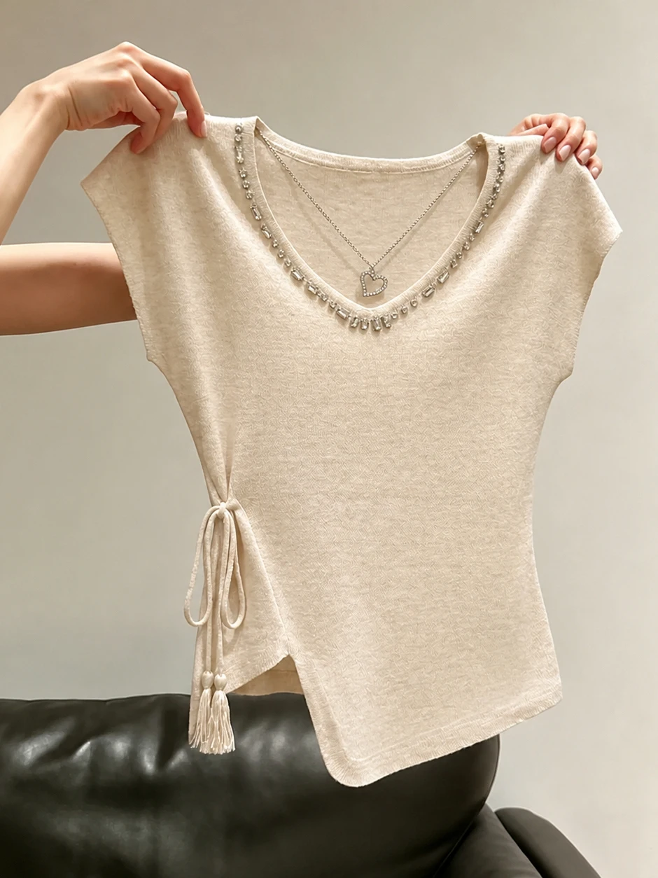 Fashionable Versatile Women's Shirt Unique Bead Design Korean Style Commute Friendly Simple Tie Summer Top Poem Art Silk
Fashionable Versatile Women's Shirt Unique Bead Design Korean Style Commute Friendly Simple Tie Summer Top Poem Art Silk