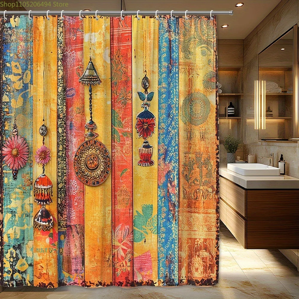 1pc Vintage Bohemian Shower Curtain - Indian-Inspired Ornament Design with Colorful Pendants on Rustic Wood, Polyester Fabric
1pc Vintage Bohemian Shower Curtain - Indian-Inspired Ornament Design with Colorful Pendants on Rustic Wood, Polyester Fabric