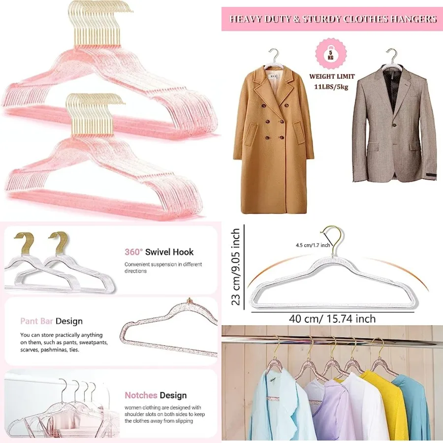Pink Clothes Hangers 16", Plastic Clear Coat Hanger for Adult Closet, Durable Bling Ganchos de Ropa with Swivel Hook, Notched S
Pink Clothes Hangers 16", Plastic Clear Coat Hanger for Adult Closet, Durable Bling Ganchos de Ropa with Swivel Hook, Notched S