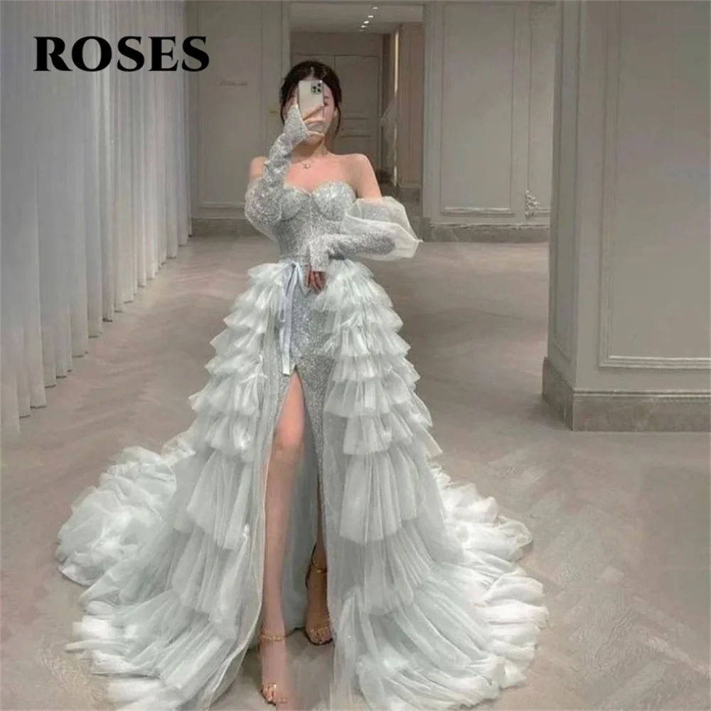 ROSES Silver A Line Prom Dress Sequin Shiny Tiered Celebrity Dresses Women's Evening Dress High Split Formal Gown Customized
ROSES Silver A Line Prom Dress Sequin Shiny Tiered Celebrity Dresses Women's Evening Dress High Split Formal Gown Customized