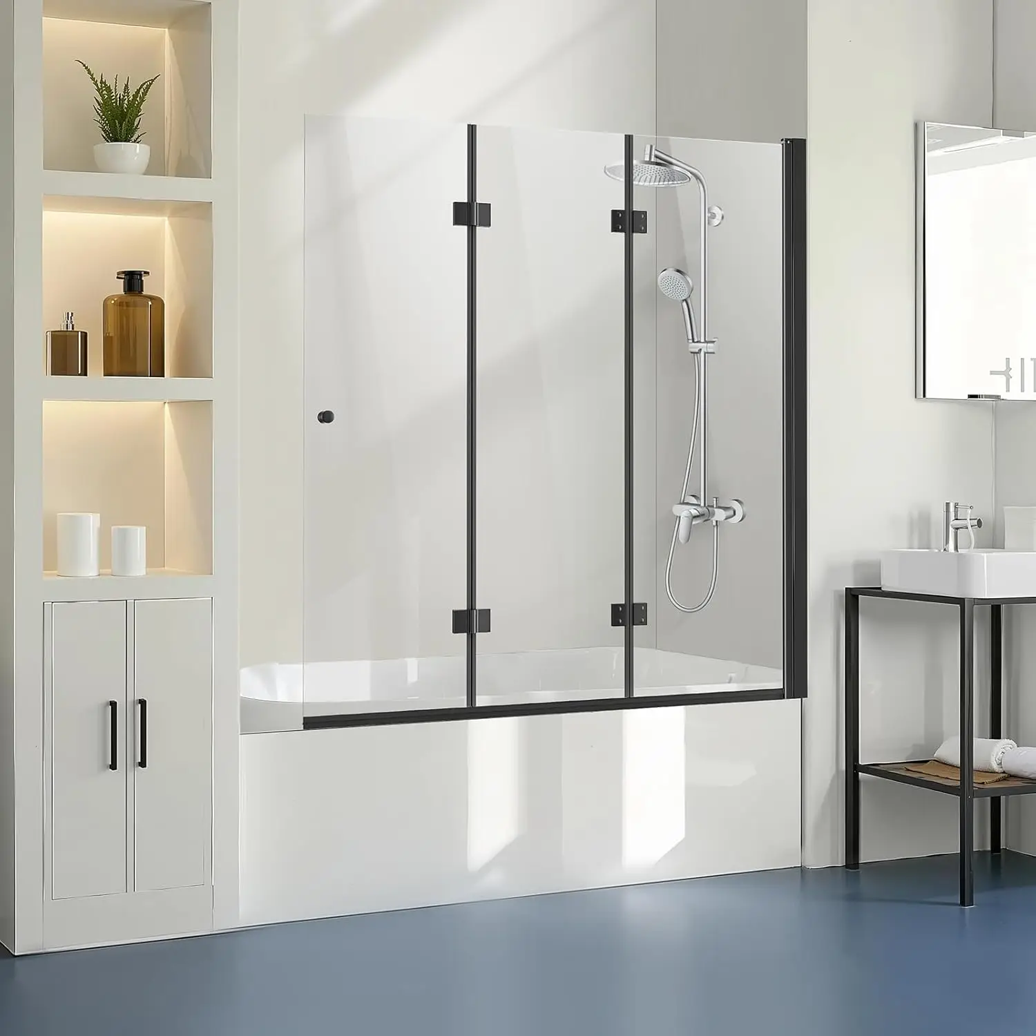 Bathtub Shower Door, 51" W x 56" H, Frameless Foldable Hinged Shower Door, Tri-Fold Shower Glass Door with 1/4 in Tempered Glass
Bathtub Shower Door, 51" W x 56" H, Frameless Foldable Hinged Shower Door, Tri-Fold Shower Glass Door with 1/4 in Tempered Glass