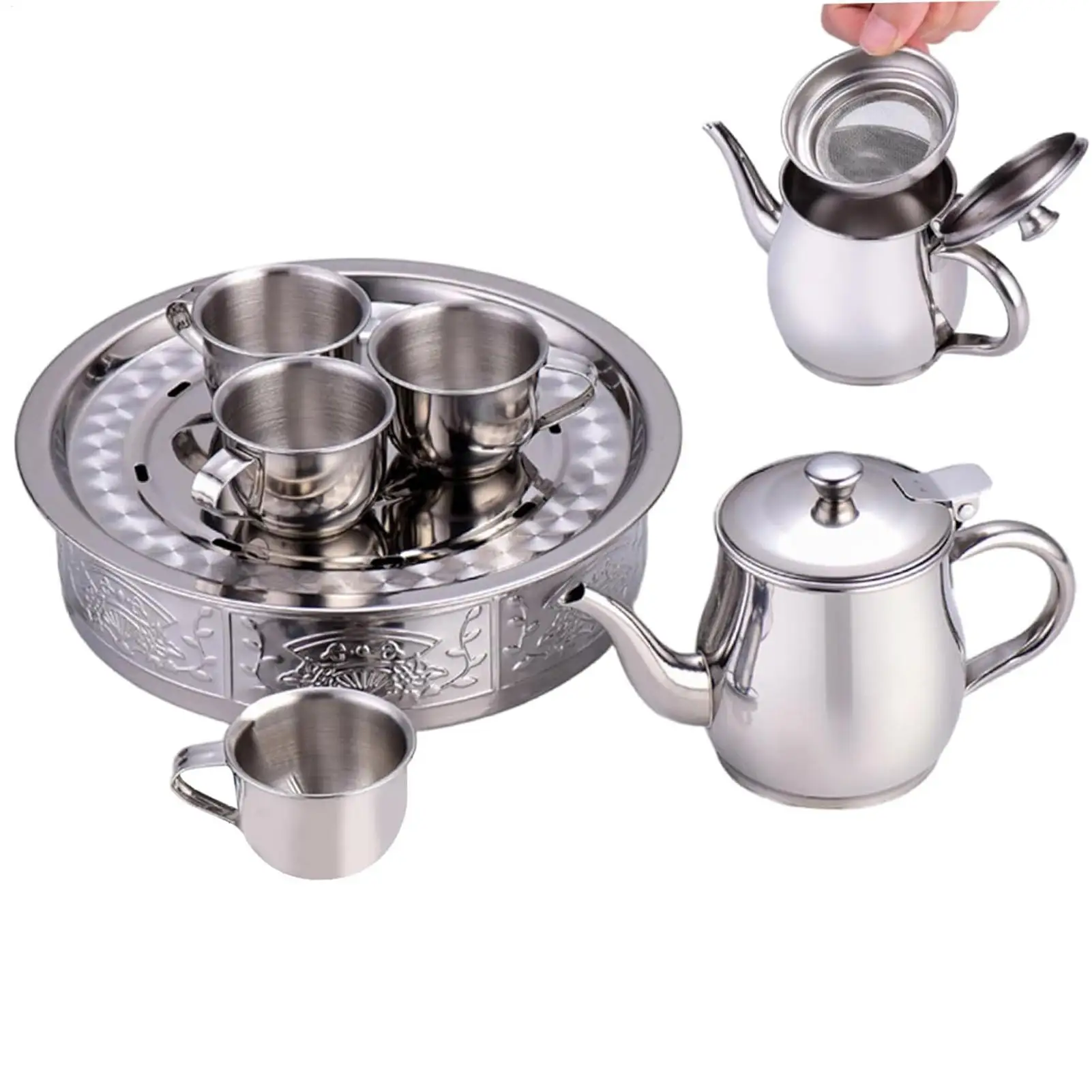 Stainless Steel Tea Set Filter Screen Design Long Spout Teapot Drinkware Long spout teapot with 4 cups and 1 tray
Stainless Steel Tea Set Filter Screen Design Long Spout Teapot Drinkware Long spout teapot with 4 cups and 1 tray