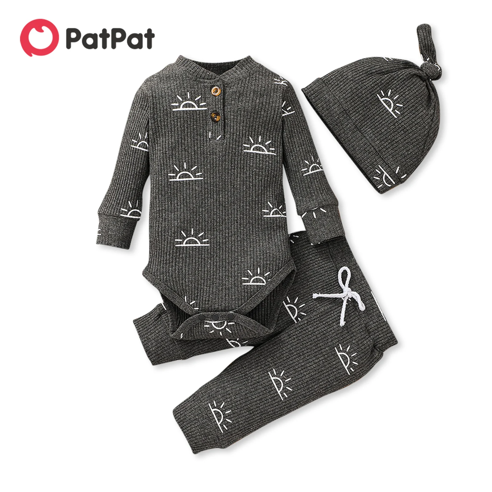 PatPat 3-piece Baby Boy Sun Print Button Design Ribbed Long-sleeve Romper, Elasticized Pants and Cap Set
PatPat 3-piece Baby Boy Sun Print Button Design Ribbed Long-sleeve Romper, Elasticized Pants and Cap Set