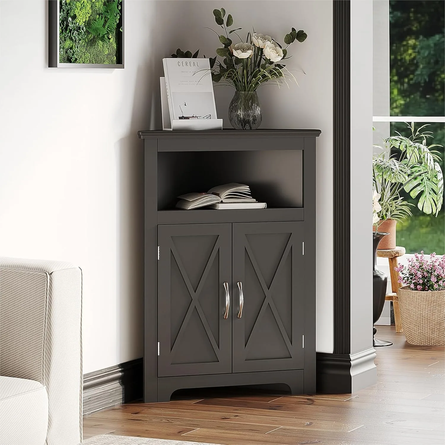 Corner Storage Cabinet with Barn Door Design, Adjustable Shelf for Living Room Bathroom Kitchen, Space Saver Black
Corner Storage Cabinet with Barn Door Design, Adjustable Shelf for Living Room Bathroom Kitchen, Space Saver Black