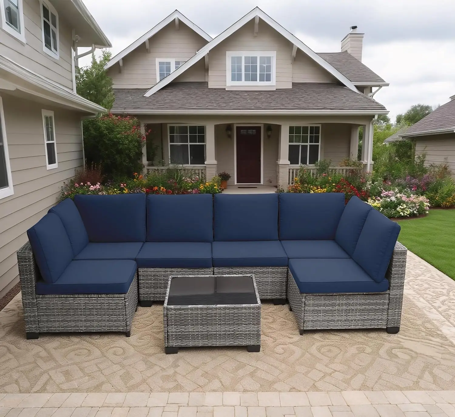 7-Piece Outdoor Patio Furniture Set Grey PE Rattan Wicker All-Weather Sectional Sofa Conversation Set with Glass Customizable
7-Piece Outdoor Patio Furniture Set Grey PE Rattan Wicker All-Weather Sectional Sofa Conversation Set with Glass Customizable