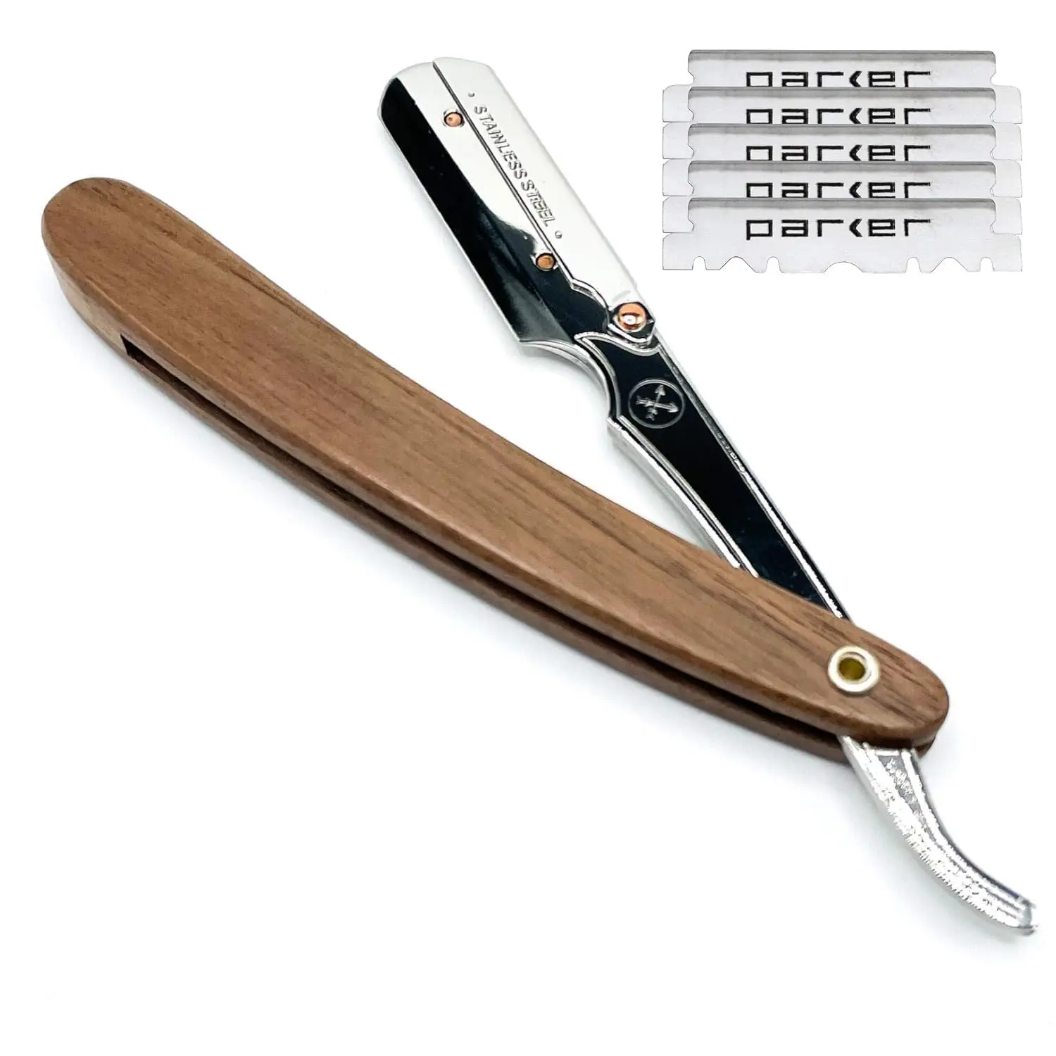 Professional Shavette Razor with Walnut Wood Handle, Stainless Steel Arm & Clip Lock System, Includes 5 Blades
Professional Shavette Razor with Walnut Wood Handle, Stainless Steel Arm & Clip Lock System, Includes 5 Blades