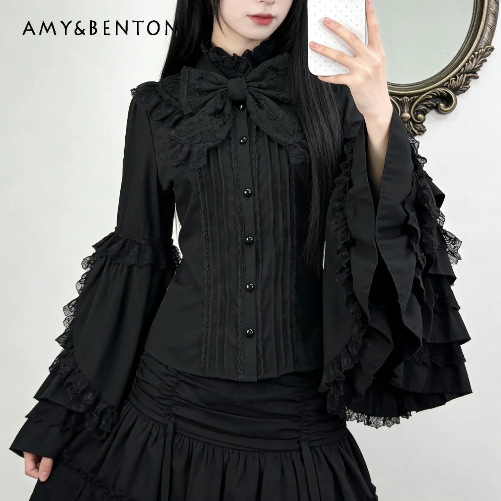 Medieval Lolita Style Stand-Up Collar White Lace Flare Sleeve Shirt Women Japanese Retro Slim Bottom Top Sweet All Match Blouses
Medieval Lolita Style Stand-Up Collar White Lace Flare Sleeve Shirt Women Japanese Retro Slim Bottom Top Sweet All Match Blouses