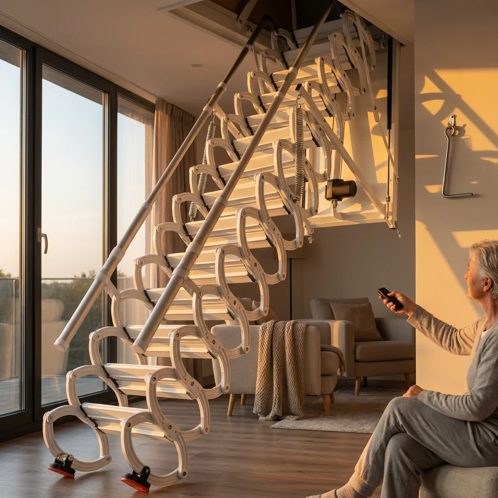 !@Remote-controlled Electric Loft Lift; Aluminum Alloy Telescoping Folding Staircase with Emergency Manual Operation
!@Remote-controlled Electric Loft Lift; Aluminum Alloy Telescoping Folding Staircase with Emergency Manual Operation
