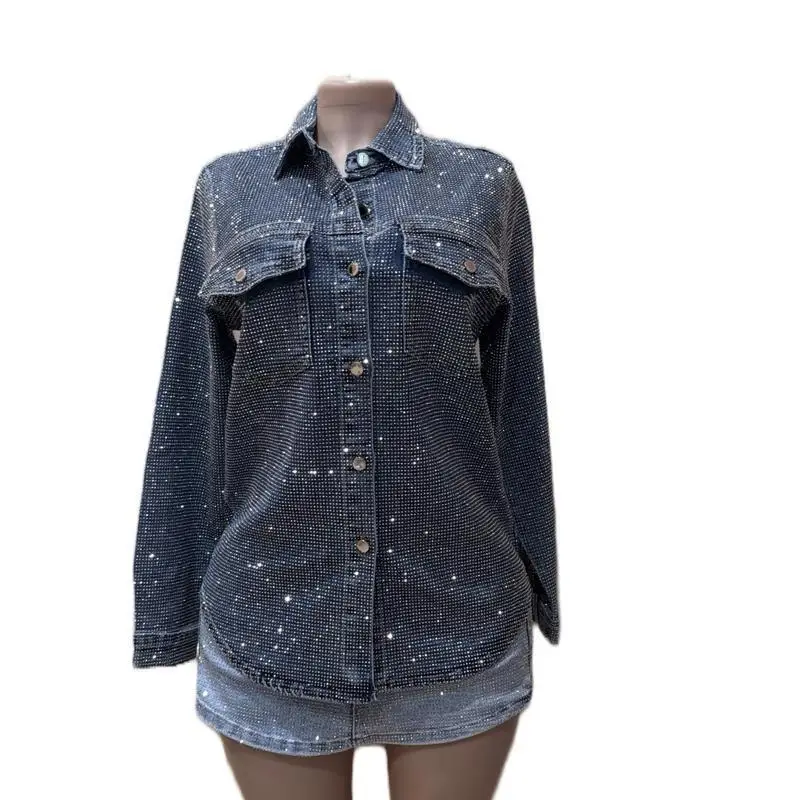 Rhinestone Denim Shirt Women's Fashion Spring Season Four Seasons Apply Rhinestone Embellished Blue Jeans Style Casual Shirt
Rhinestone Denim Shirt Women's Fashion Spring Season Four Seasons Apply Rhinestone Embellished Blue Jeans Style Casual Shirt