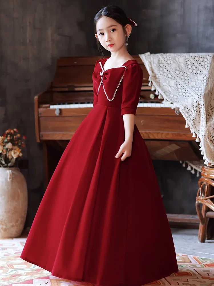 Wine Red Velvet Bow Girls' Dress High-End Princess Dress Children's Host Costume for Piano Performance Autumn and Winter
Wine Red Velvet Bow Girls' Dress High-End Princess Dress Children's Host Costume for Piano Performance Autumn and Winter