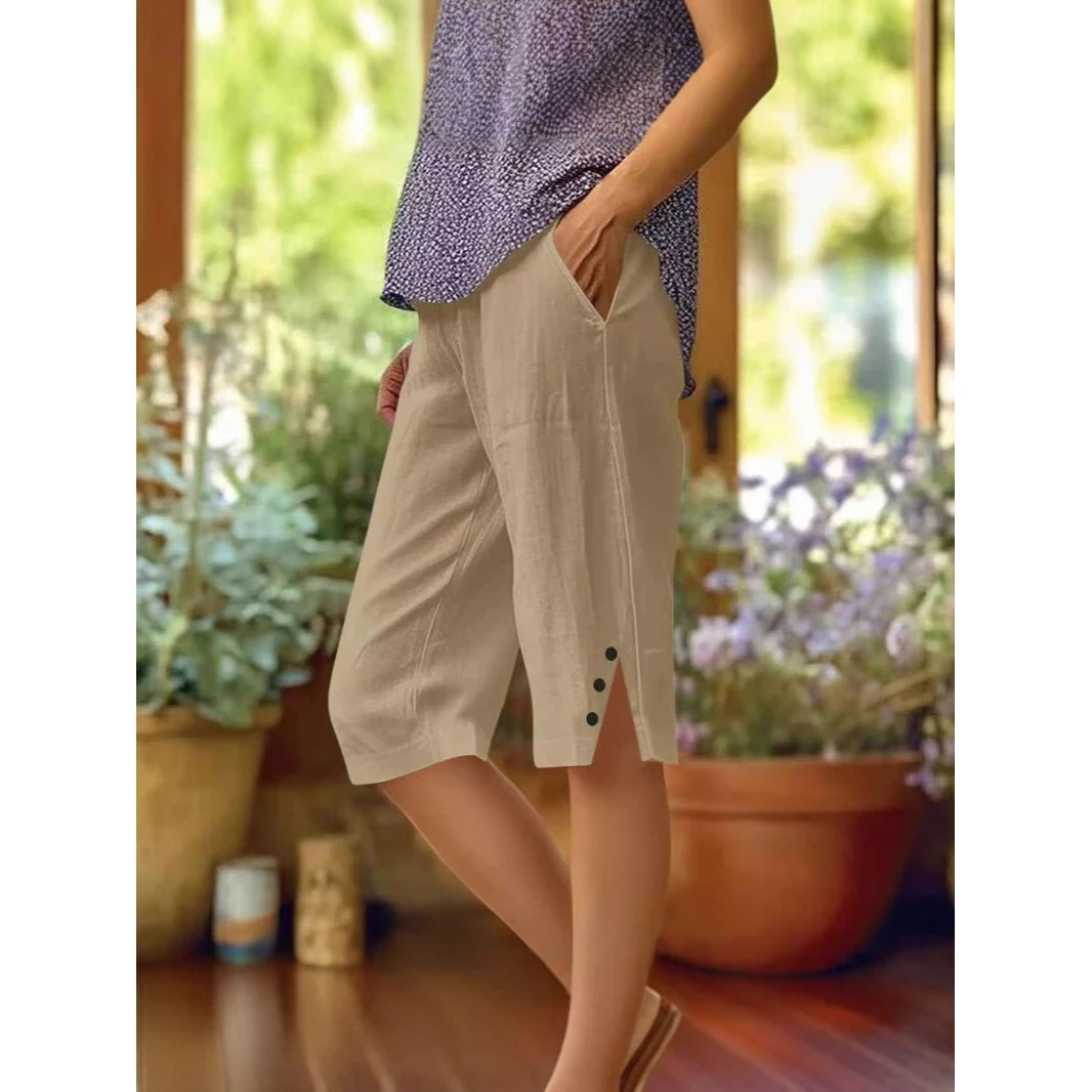Casual Cotton Linen Elastic Waist Shorts Women's Loose Fit Pocket Pants Five-Quarter Length Spring Summer Fashion Cute Style
Casual Cotton Linen Elastic Waist Shorts Women's Loose Fit Pocket Pants Five-Quarter Length Spring Summer Fashion Cute Style