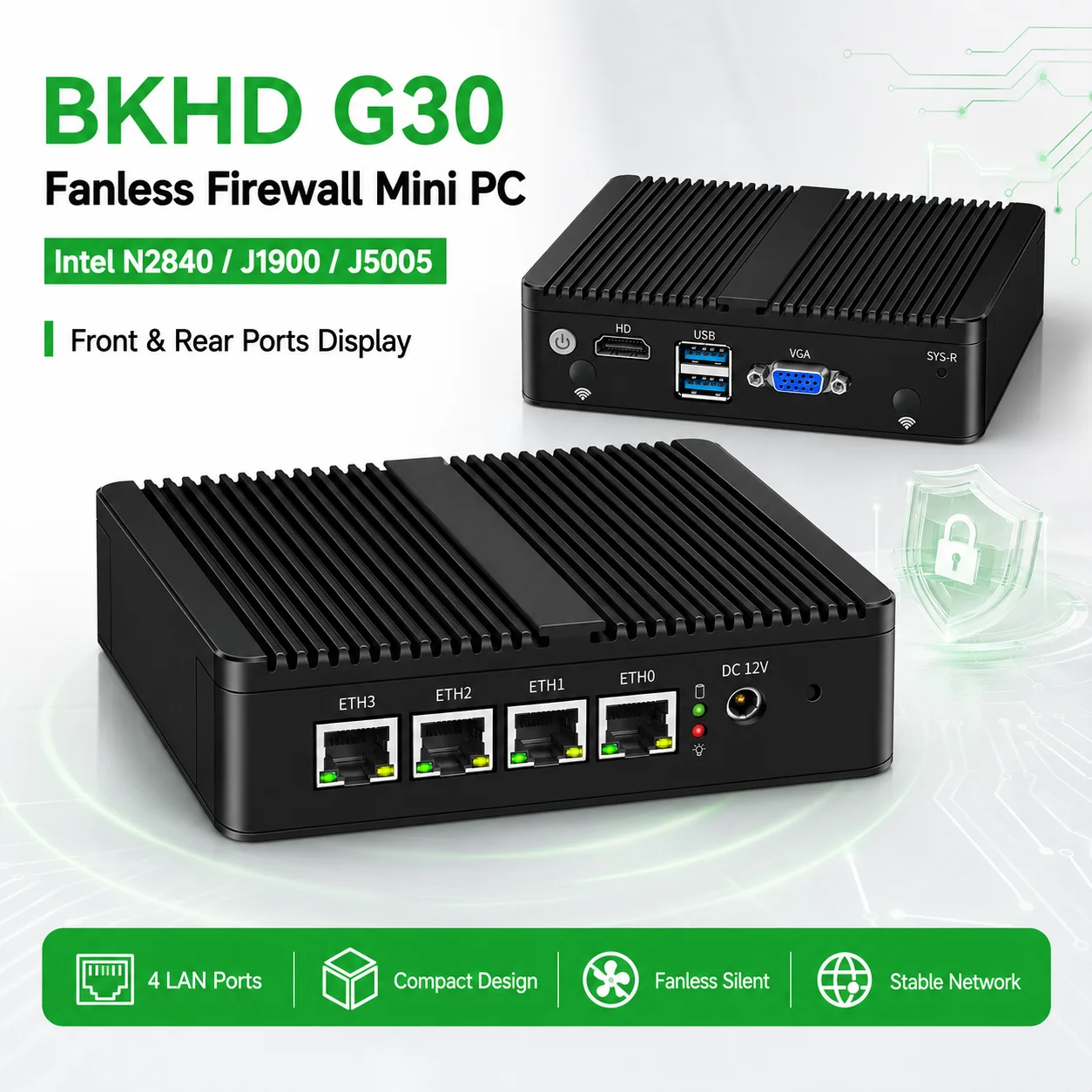 BKHD G30 Fanless Firewall Mini PC Intel N2840/J1900/J5005 DDR3L/DDR4 4 LAN Ports Soft Router Compatible with pfSense/OPNsense
BKHD G30 Fanless Firewall Mini PC Intel N2840/J1900/J5005 DDR3L/DDR4 4 LAN Ports Soft Router Compatible with pfSense/OPNsense