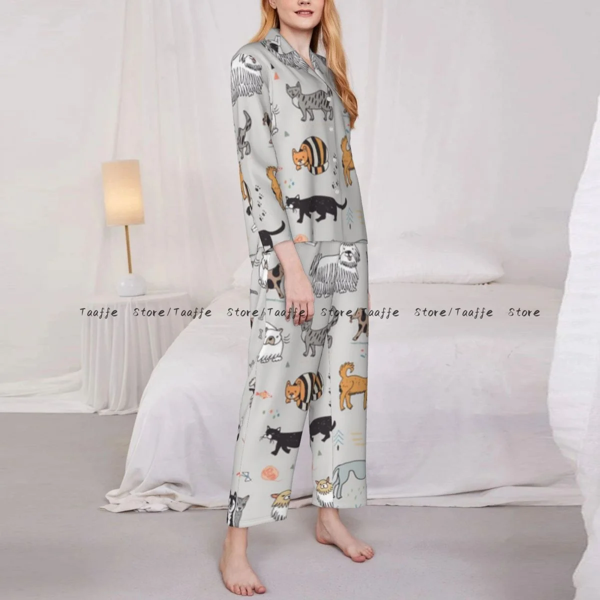 Women Sleepwear Loungewear Cute Cats And Dogs Long Sleeve Lapel Neck Shirt and Elastic Waist Pants Pajamas Set
Women Sleepwear Loungewear Cute Cats And Dogs Long Sleeve Lapel Neck Shirt and Elastic Waist Pants Pajamas Set