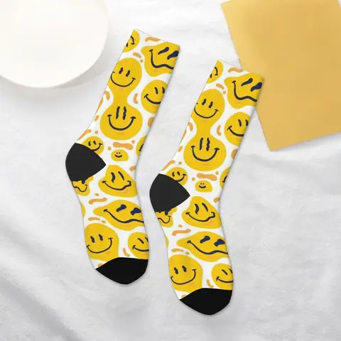 1 Pair All-Season Crew Socks，Smiley Face Pattern Print Polyester, Breathable Stocking for Casual Sports & Outdoor ，Men & Women