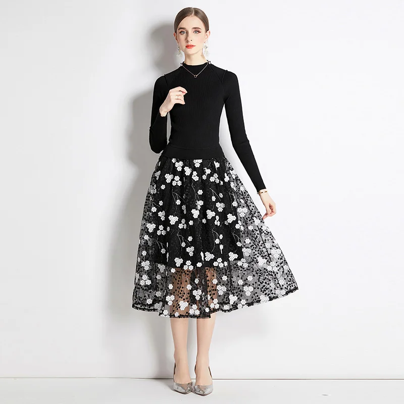 Fashion Autumn Winter Sweater Dress New Women Round Collar Knitted Patchwork Mesh Embroidery Flowers Slim Waist Midi Vestidos
Fashion Autumn Winter Sweater Dress New Women Round Collar Knitted Patchwork Mesh Embroidery Flowers Slim Waist Midi Vestidos