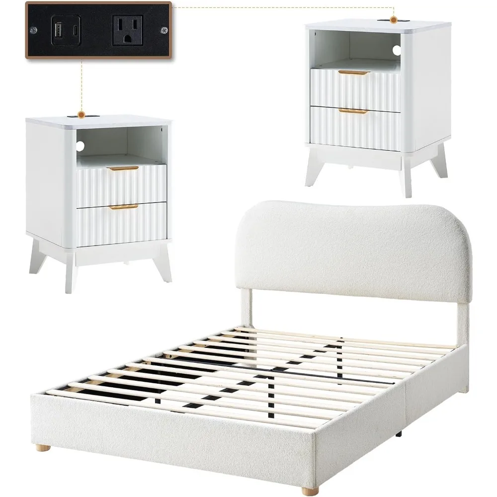 Large bed frame with 2 white bedside tables, curved headboard, soft rounded corners, easy to assemble
Large bed frame with 2 white bedside tables, curved headboard, soft rounded corners, easy to assemble