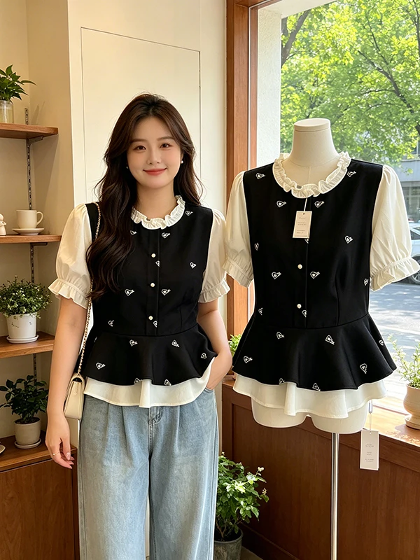 plus Size Short Sleeve Shirt Women's Fashion Shoulder Wood Grain Design Fake Two-Piece Style Korean Style Commute Shirt
plus Size Short Sleeve Shirt Women's Fashion Shoulder Wood Grain Design Fake Two-Piece Style Korean Style Commute Shirt